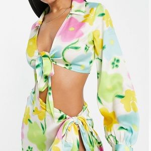 ASOS DESIGN tie front satin beach shirt in floral print - part
of a set